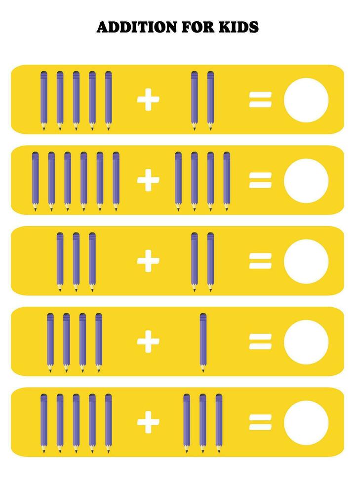 Addition page for kids. Educational math game for children with pencil. Printable worksheet design. Learning mathematic. vector