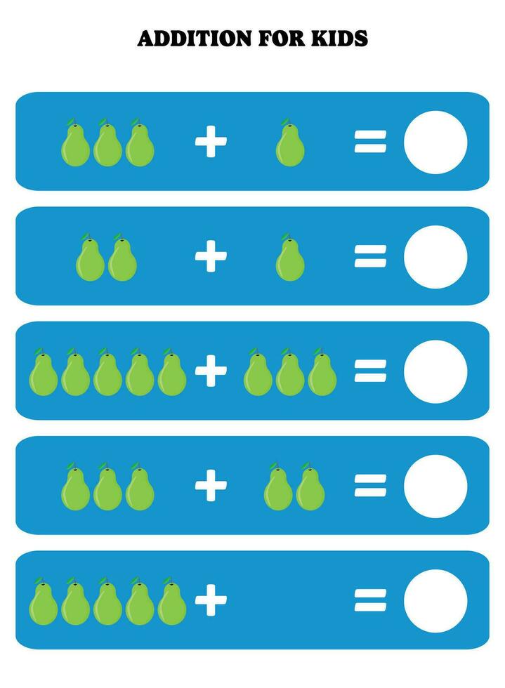 Addition page for kids. Educational math game for children with pear. Printable worksheet design. Learning mathematic. vector