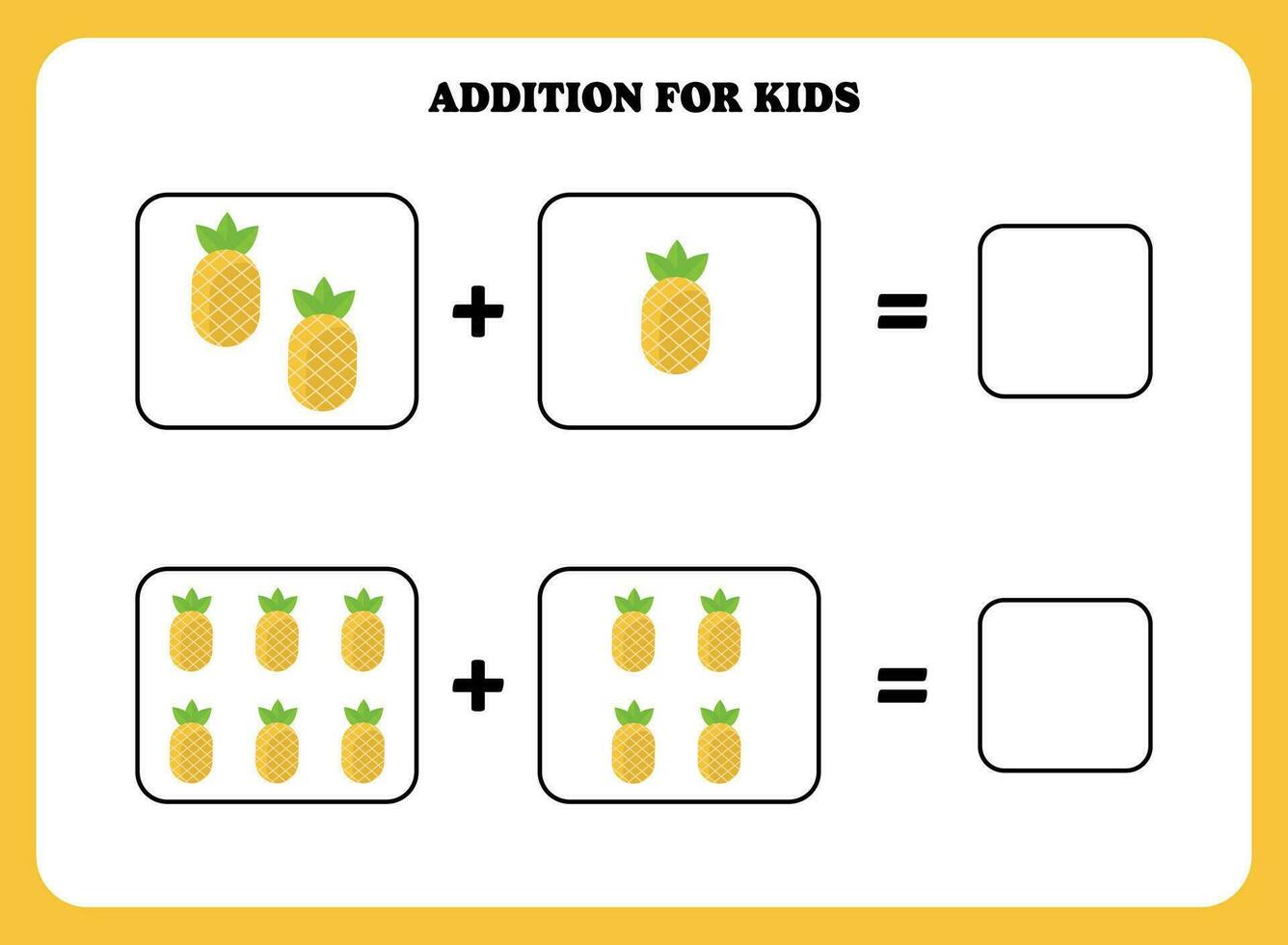 Addition page for kids. Educational math game for children with pineapple. Printable worksheet design. Learning mathematic. vector
