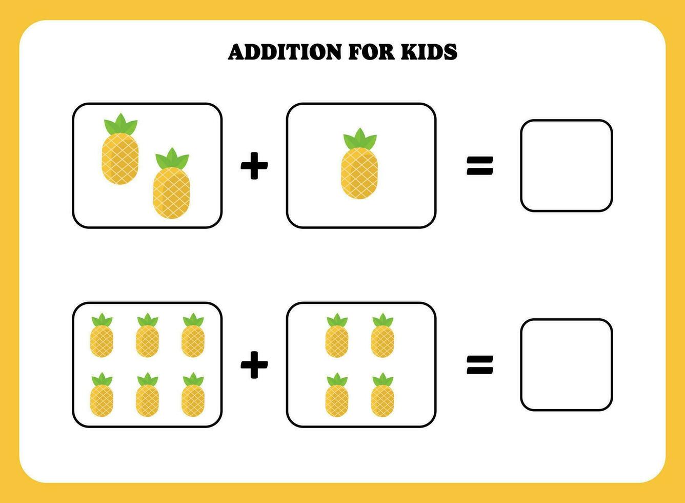 adición página para niños. educativo matemáticas juego para niños con piña. imprimible hoja de cálculo diseño. aprendizaje matemático vector