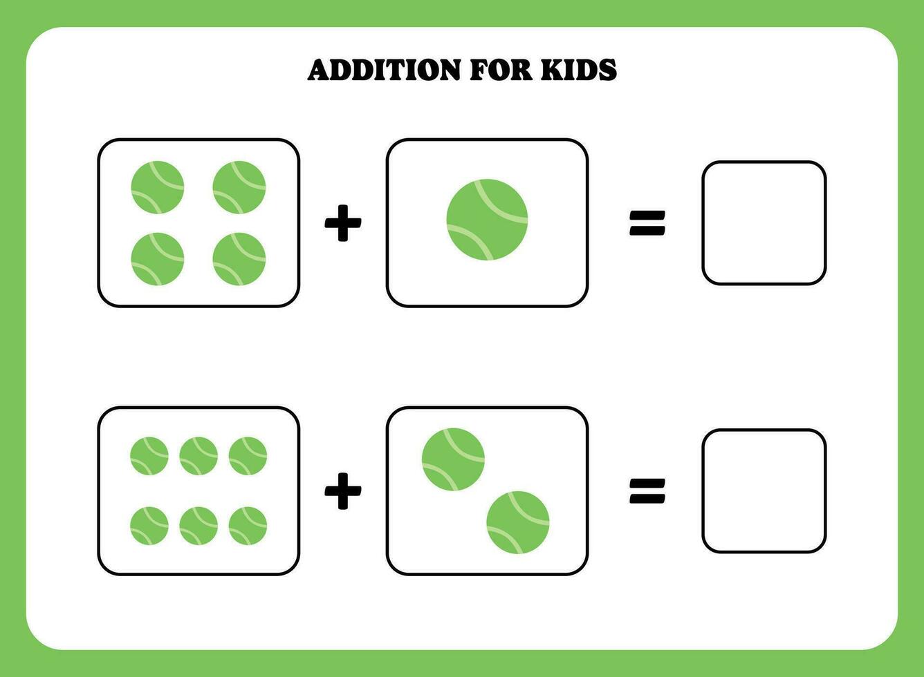 Addition page for kids. Educational math game for children with tennis ball. Printable worksheet design. Learning mathematic. vector