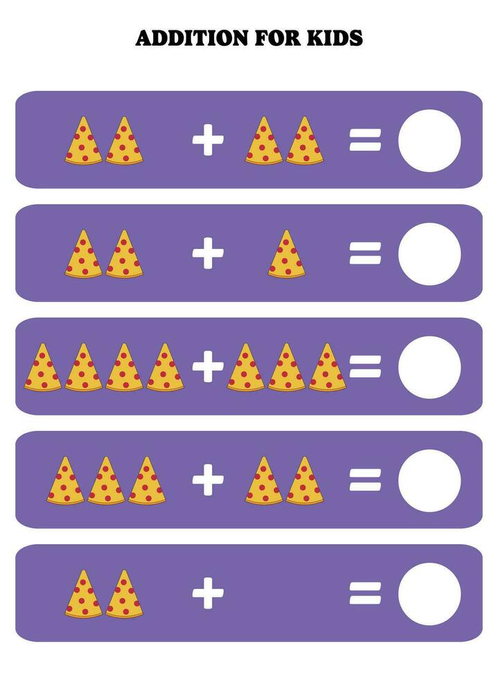 Addition page for kids. Educational math game for children with pizza slice. Printable worksheet design. Learning mathematic. vector
