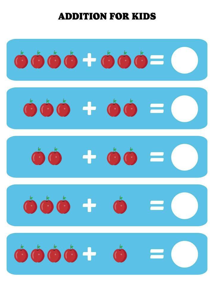 Addition page for kids. Educational math game for children with apple. Printable worksheet design. Learning mathematic. vector