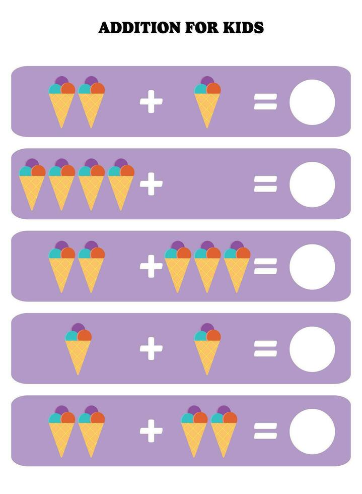 Addition page for kids. Educational math game for children with ice cream. Printable worksheet design. Learning mathematic. vector