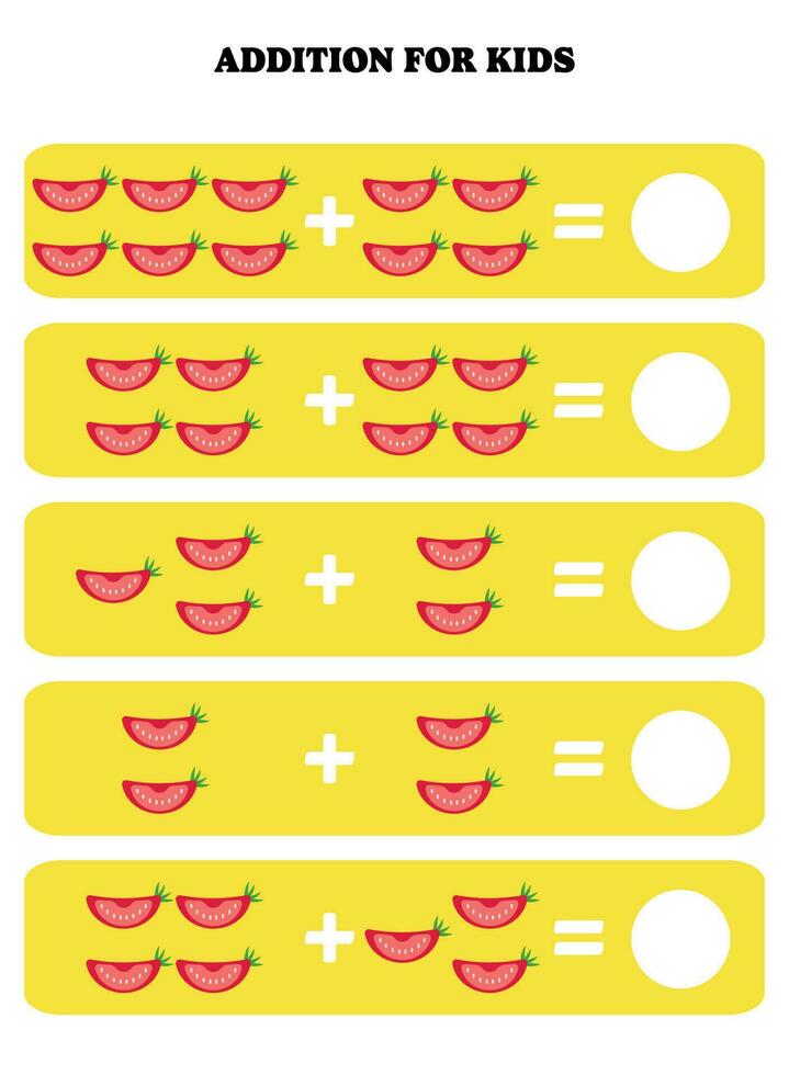 Addition page for kids. Educational math game for children with tomato slice. Printable worksheet design. Learning mathematic. vector