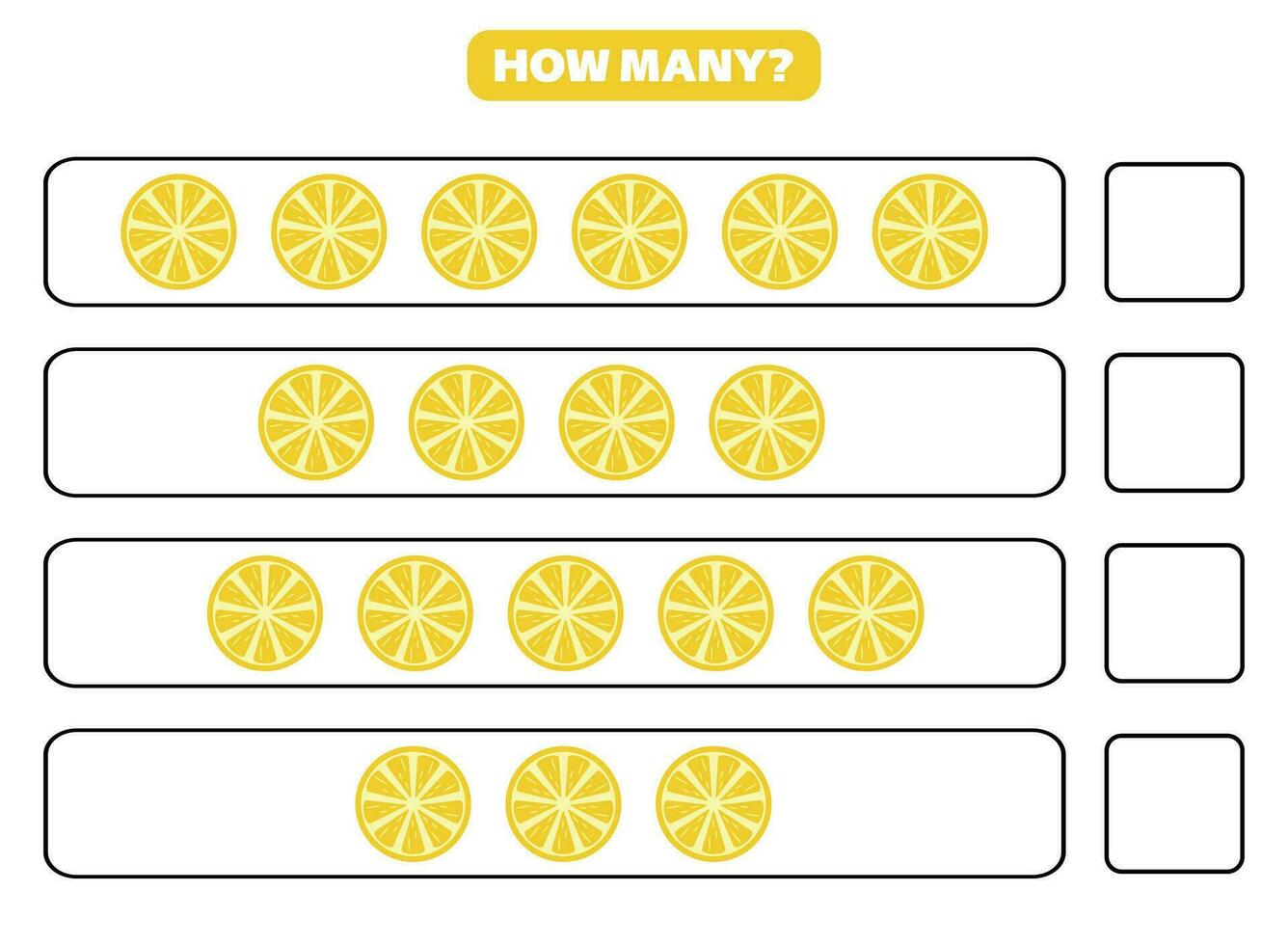 How many lemon slice are there Educational worksheet design for children. Counting game for kids. vector