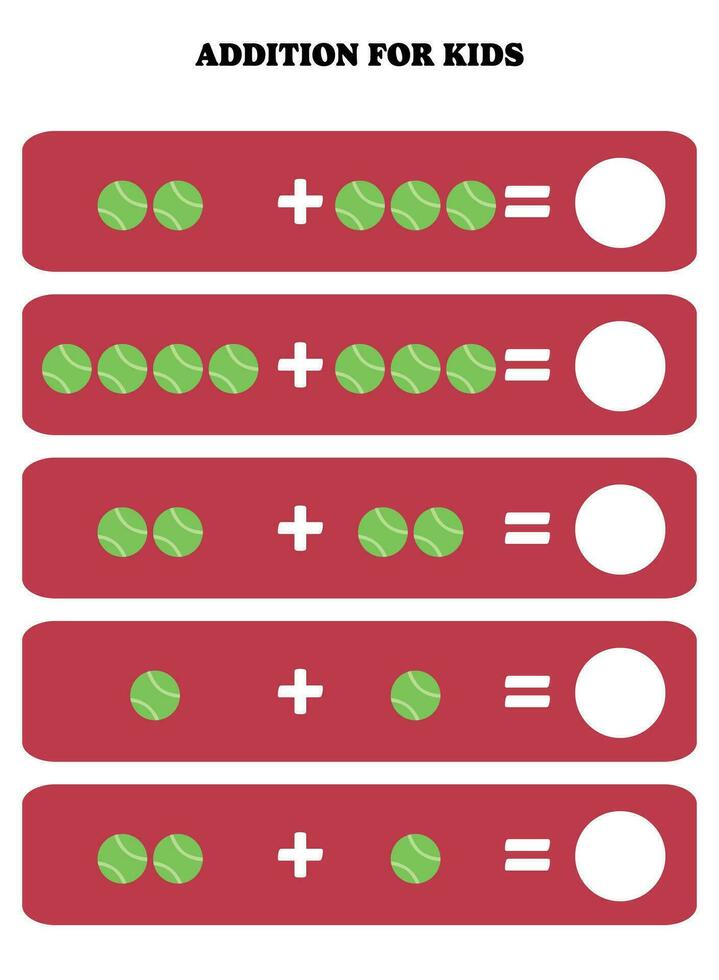 Addition page for kids. Educational math game for children with tennis ball. Printable worksheet design. Learning mathematic. vector