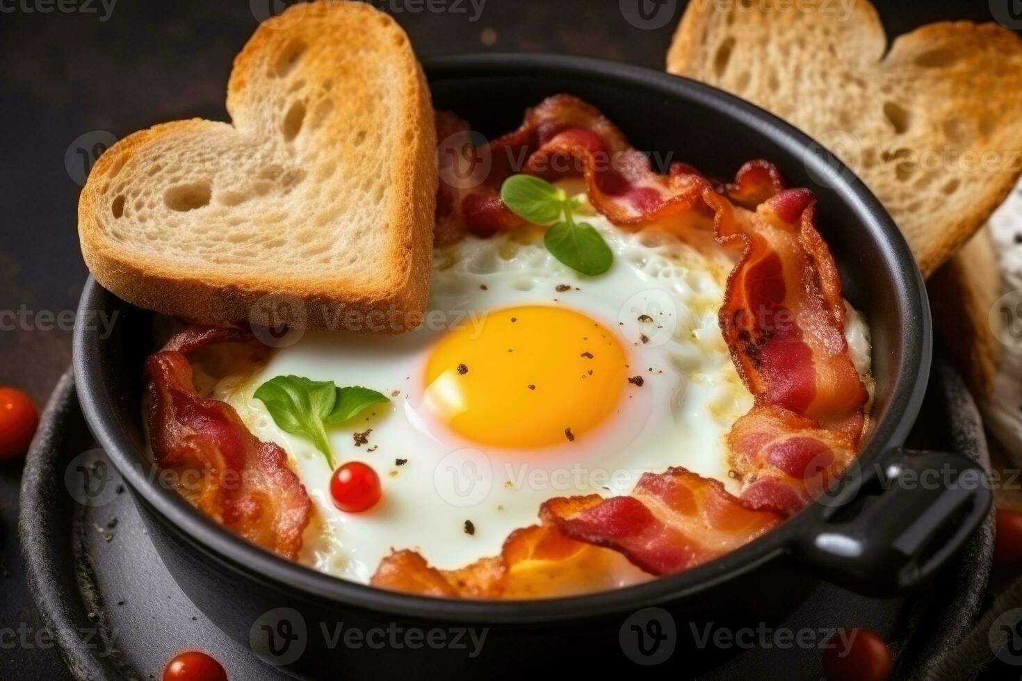 Healthy holidays breakfast with eggs hearts, bacon and toast on wooden background. AI Generated photo