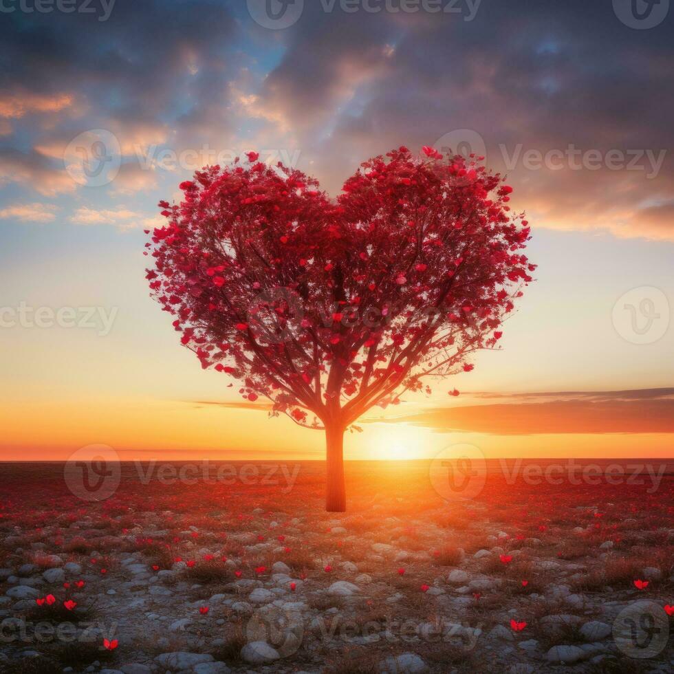Red Heart Shaped Tree on sunset. AI Generated photo