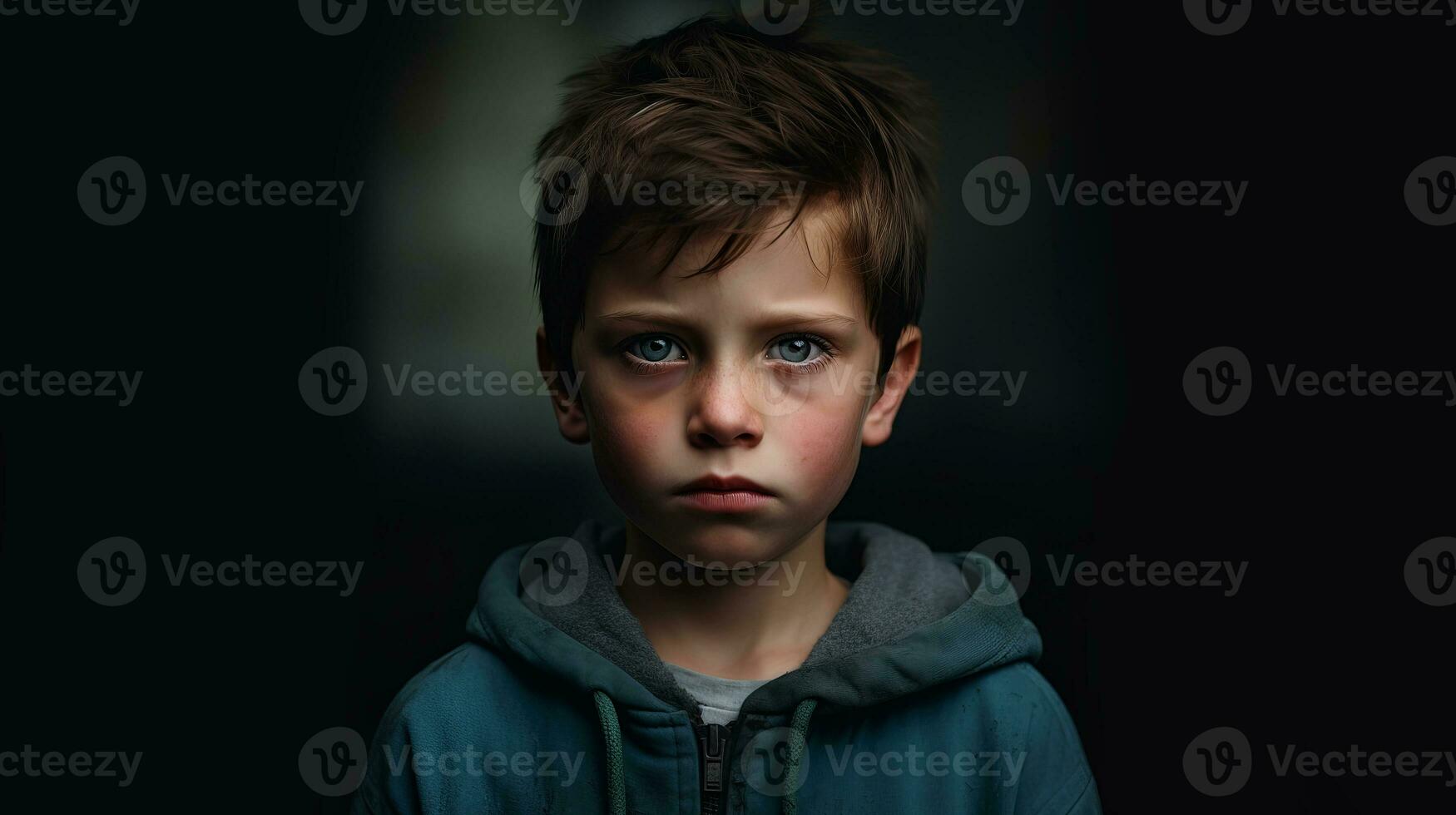 retrato de un chico con azul triste ojos en un oscuro antecedentes. retrato de un triste pequeño chico en un oscuro antecedentes. selectivo enfocar. ai generado foto