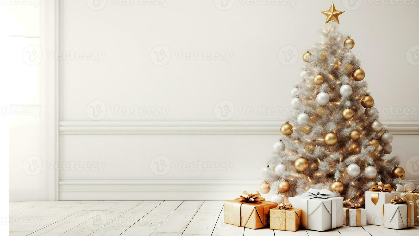 Christmas tree with presents in front of a white wall. New year cozy home interior with Christmas tree and garlands. AI generated. photo