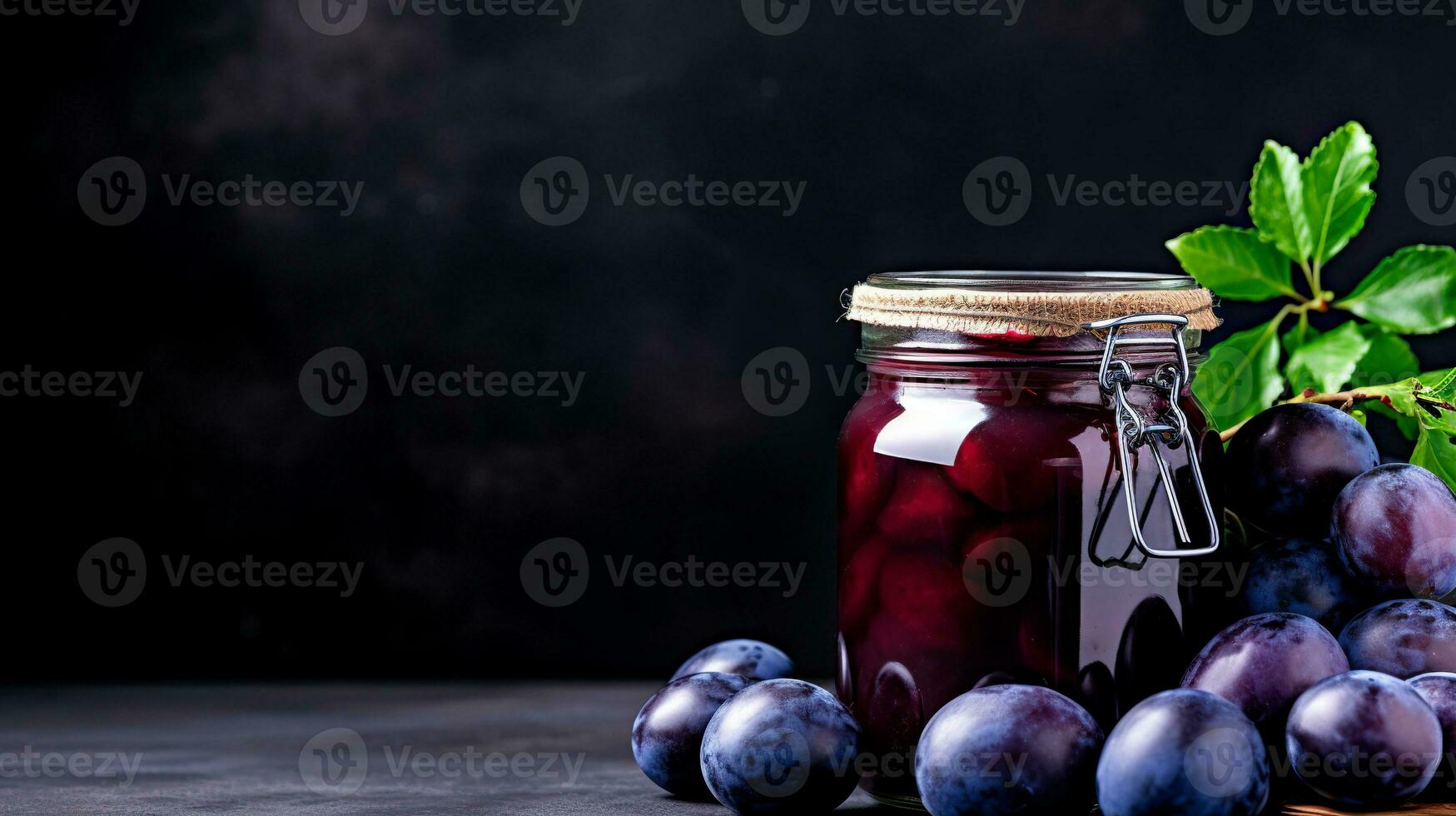 AI generated Fresh plum jam with fresh plums on a grey table. Fresh plums still life on a dark background with space for text. photo