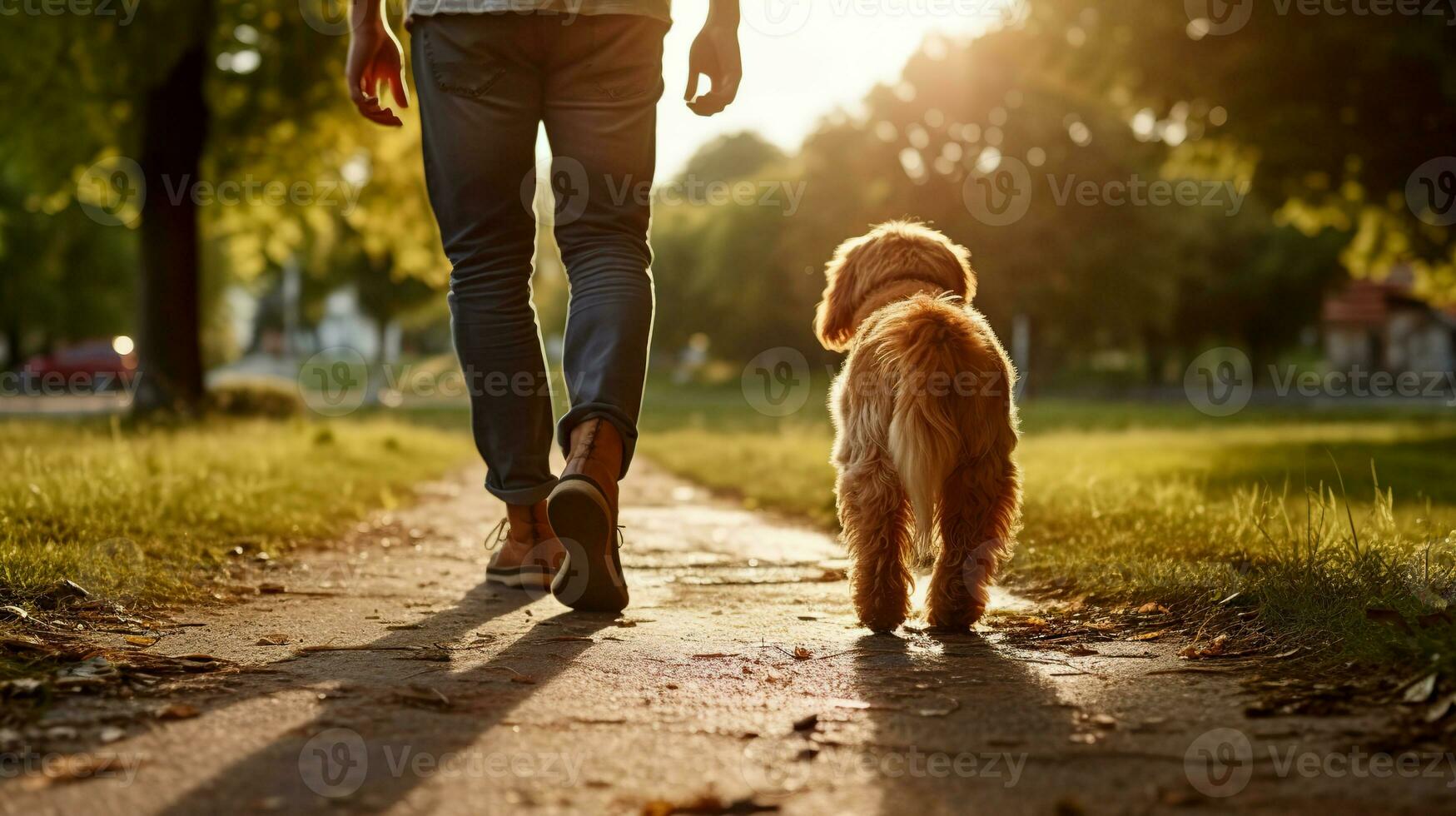 A man walks with his dog in the park at sunset.  AI Generated photo