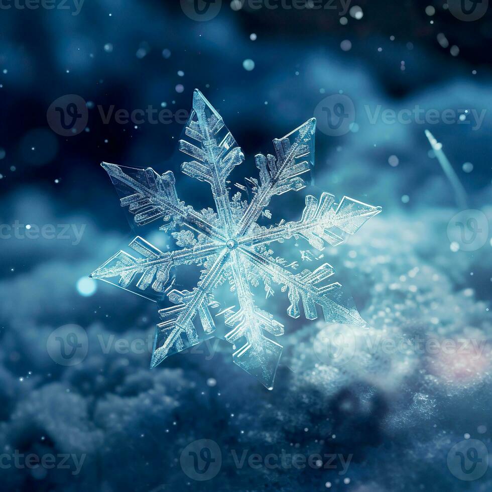 A huge snowflake on a blue snow-covered background. Bokeh effect. Selective focus.  AI Generated photo