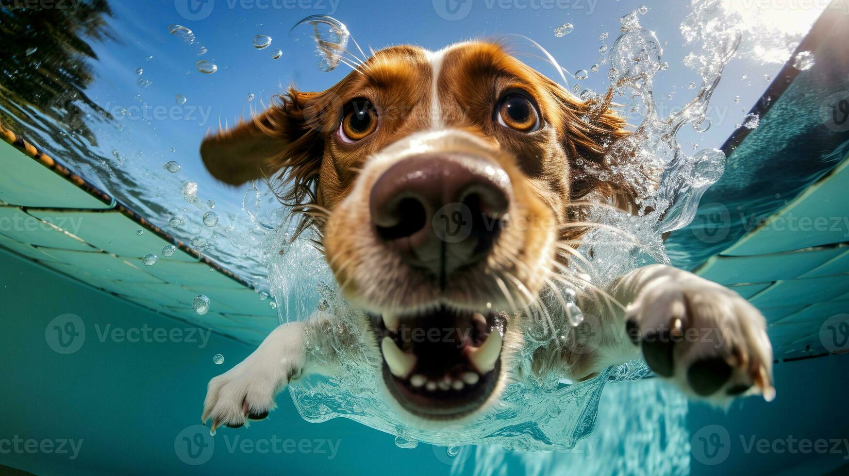 Cute dog swimming in the pool with splashes of water.  AI Generated photo