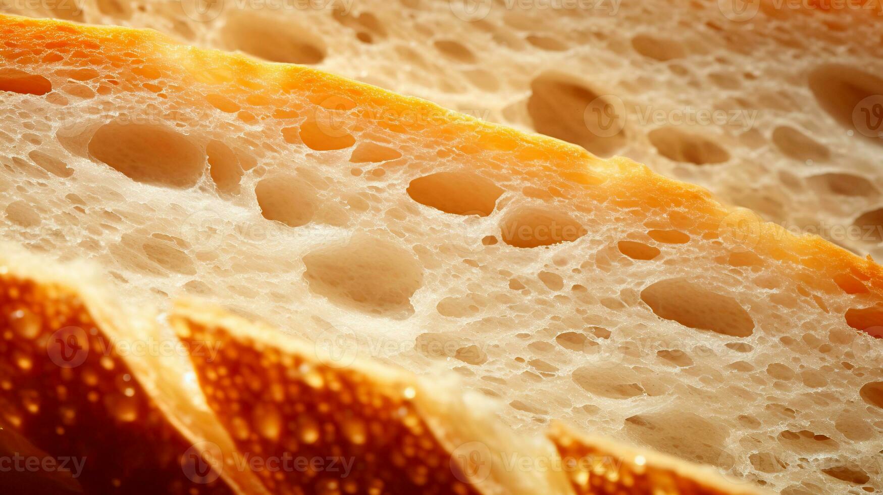 Fresh homebaked artisan sourdough bread. Texture of sliced loaf of bread close up. Bread background. Bread making, bakery, healthy food. AI Generated photo