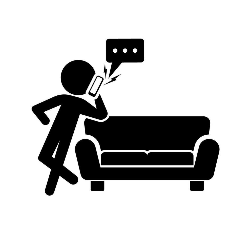 Person leaning against a sofa and calling with smartphone. Vector. vector