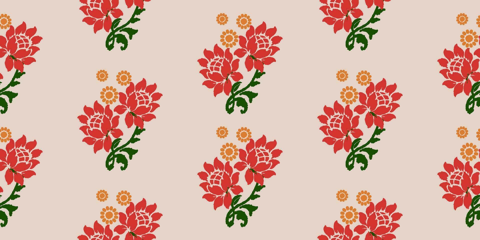Ikat floral embroidery pattern on light pink background, traditional geometric pattern, Aztec style abstract vector illustration For background, carpet, wallpaper, clothes, batik wrapping, cloth.