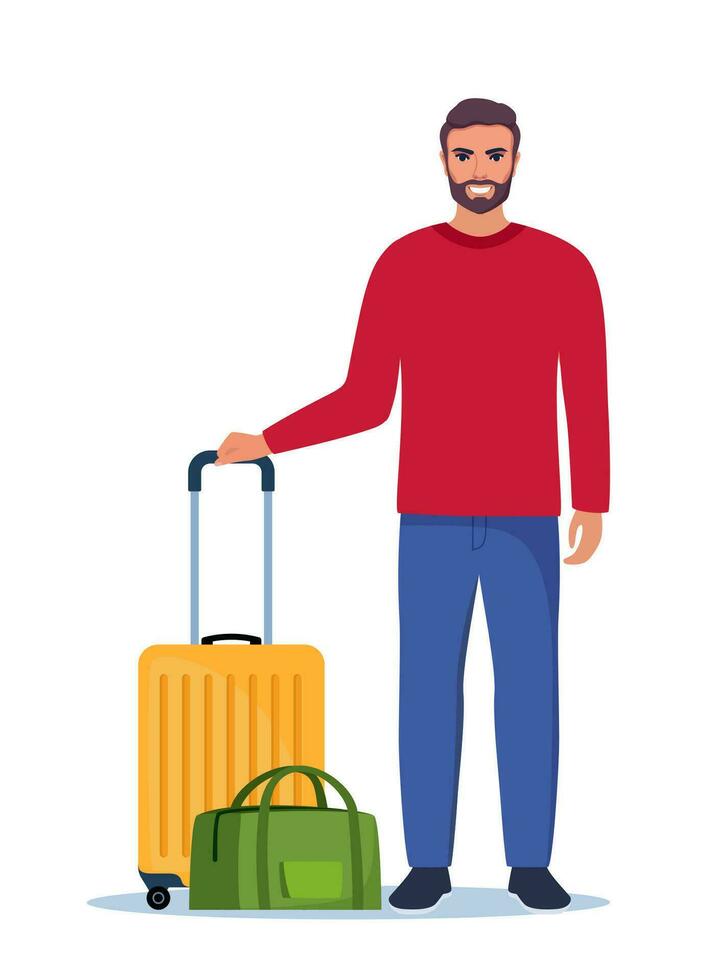 contento hombre soportes con equipaje, Listo para viaje o desplazarse. maleta y viaje bolsa. concepto de aventura, viaje, reubicación vector ilustración.