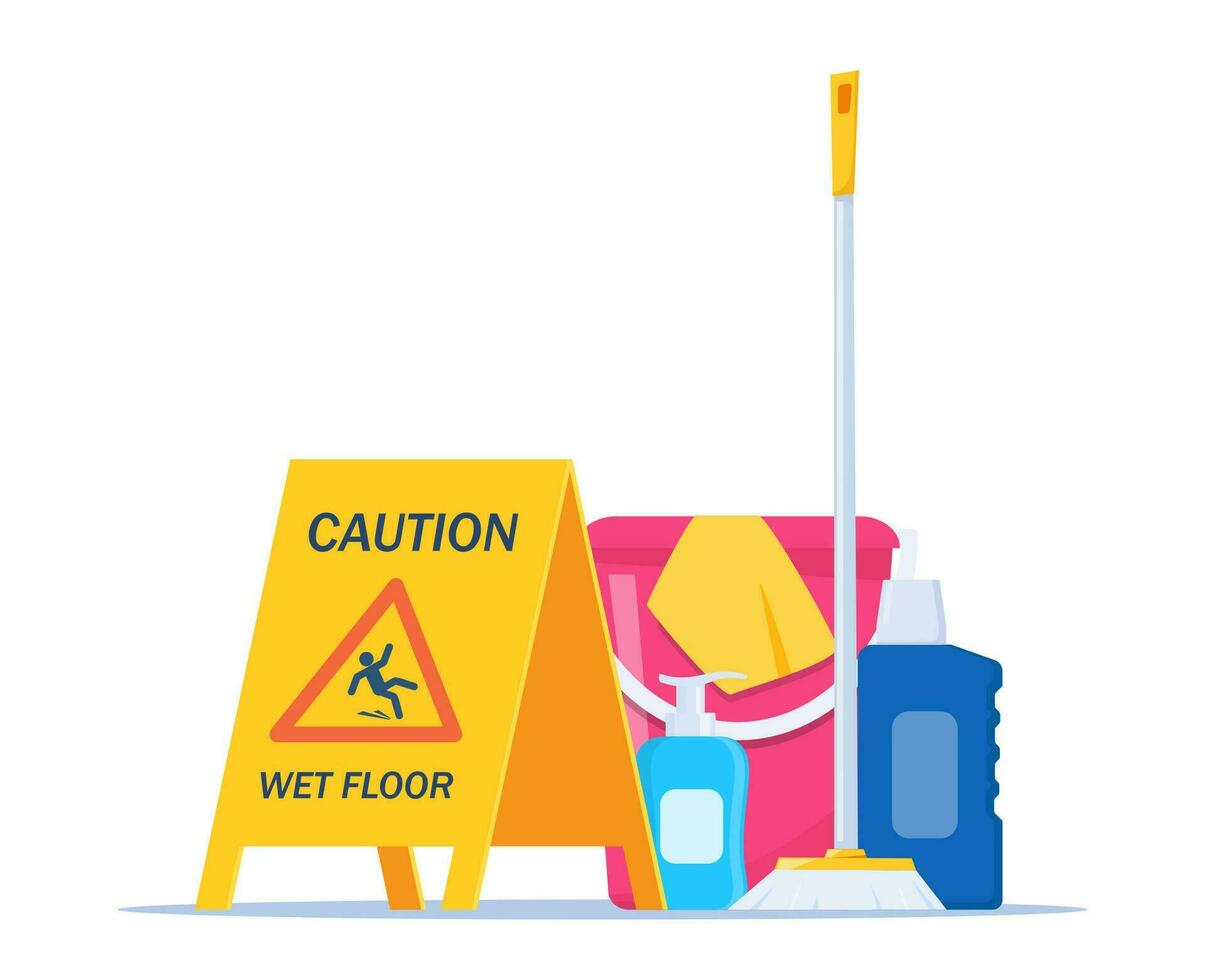 mojado piso advertencia signo. amarillo triángulo con que cae hombre. limpieza Servicio suministros. desinfectante productos con balde, fregar, detergente. vector ilustración.