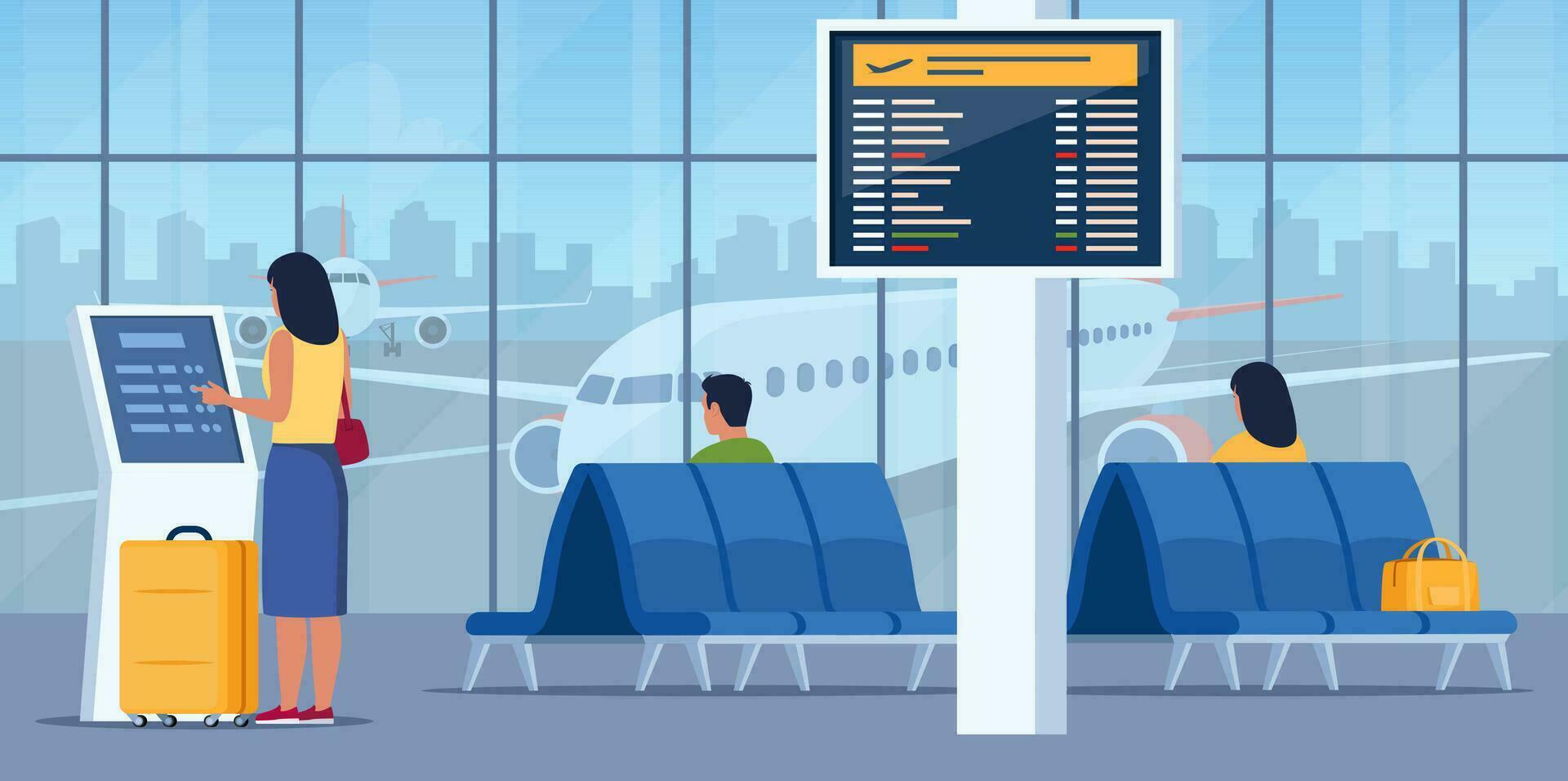 People in airport arrival waiting room or departure lounge with chairs and information panel. Woman self check in at automatic machine or buying ticket using interactive terminal. Vector illustration.
