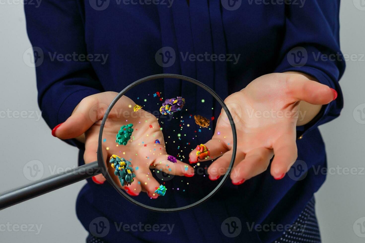 Close up on a sick man hand through magnifying glass transmitting virus by skin contact 3D rendering photo