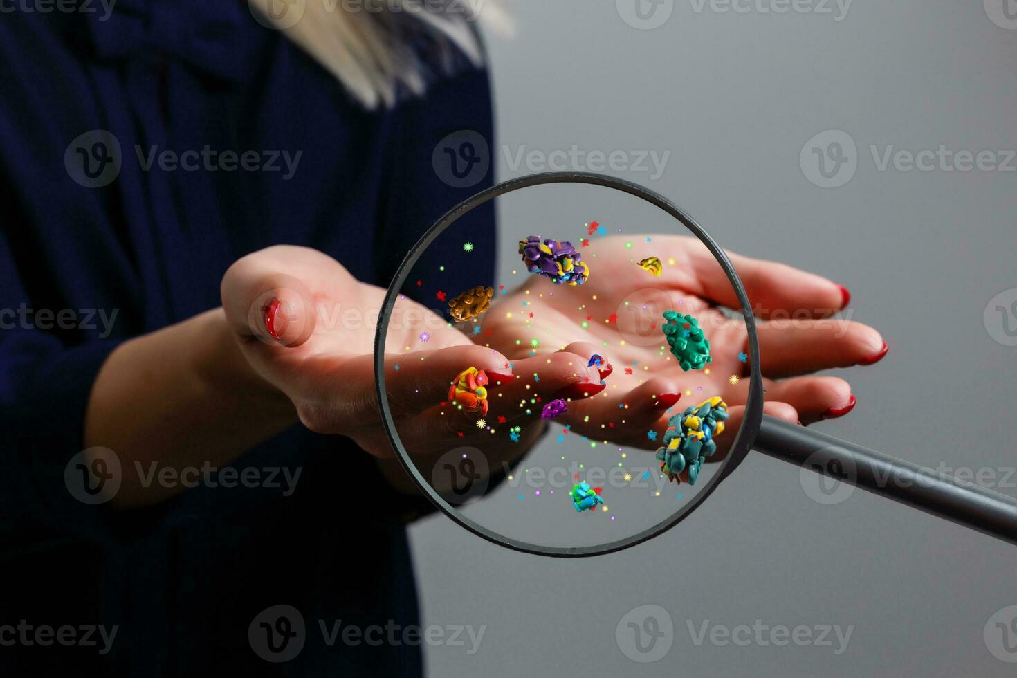 Hygiene concept. Man is showing dirty hands with many viruses and germs. photo