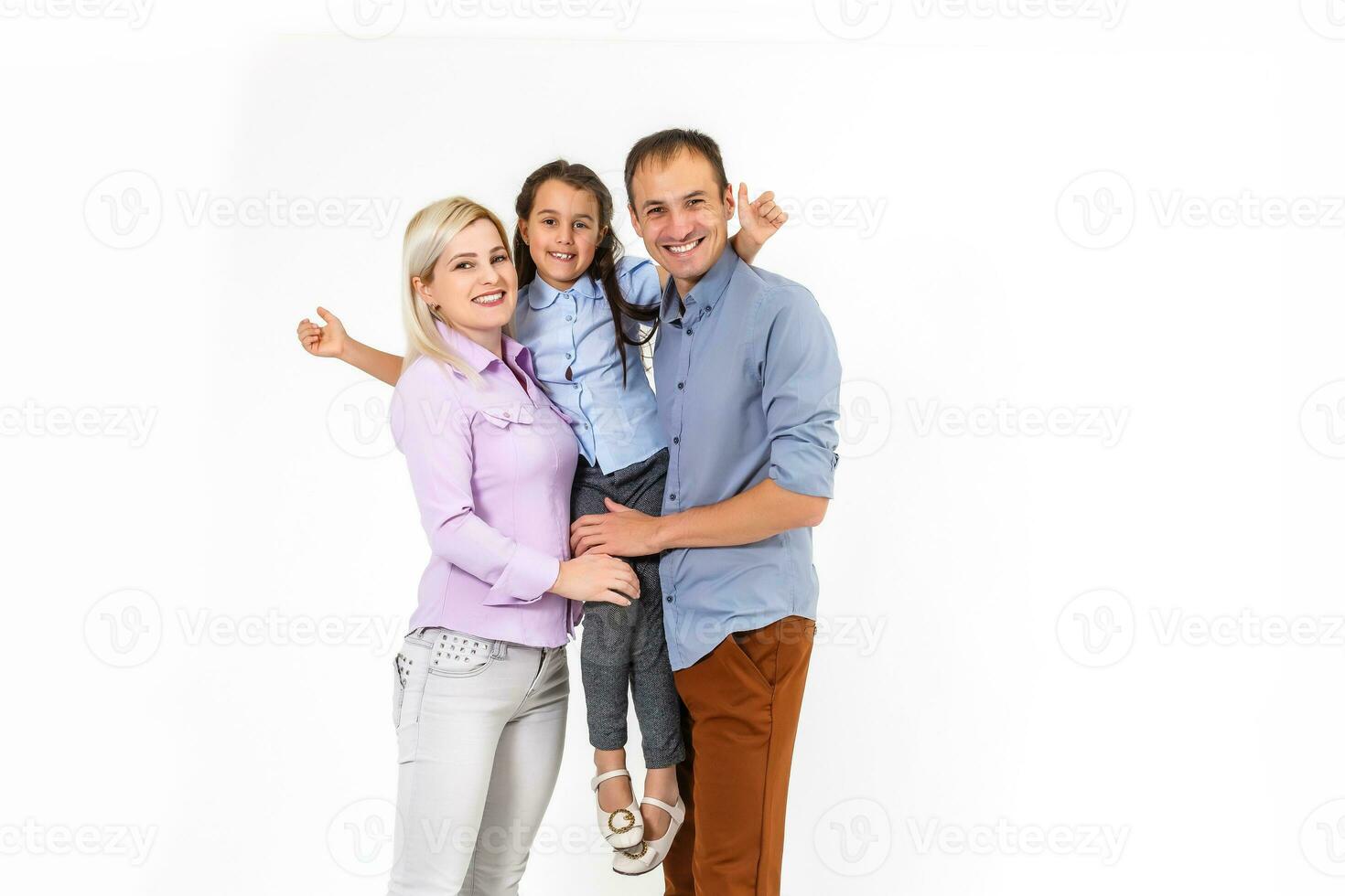 family and people concept - happy smiling mother, father and little daughter over white background photo