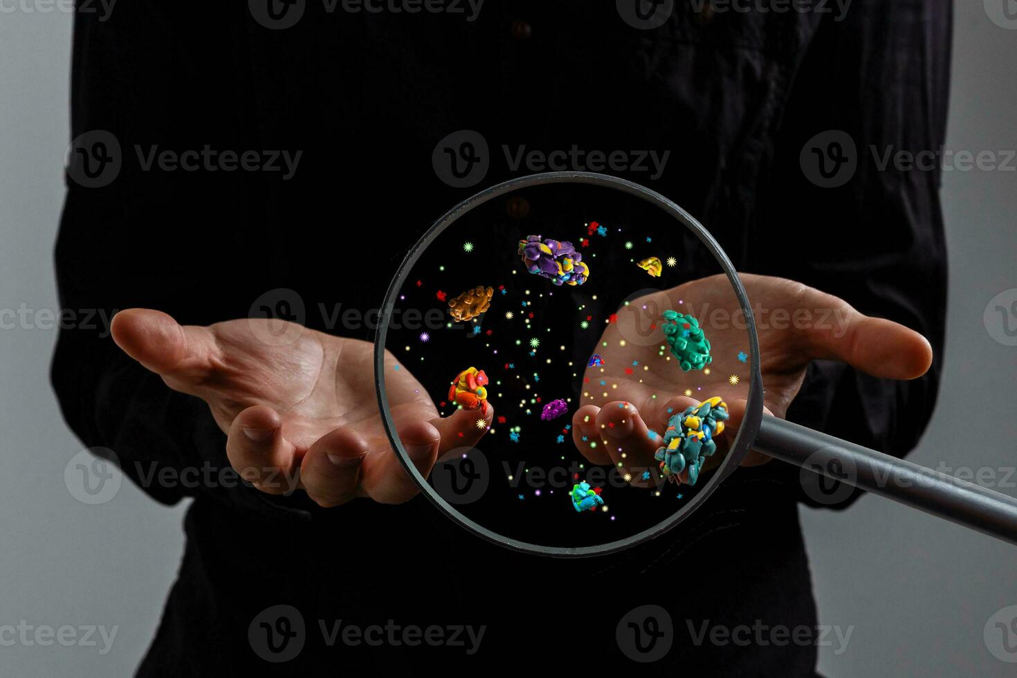 Hygiene concept. Man is showing dirty hands with many viruses and germs. photo