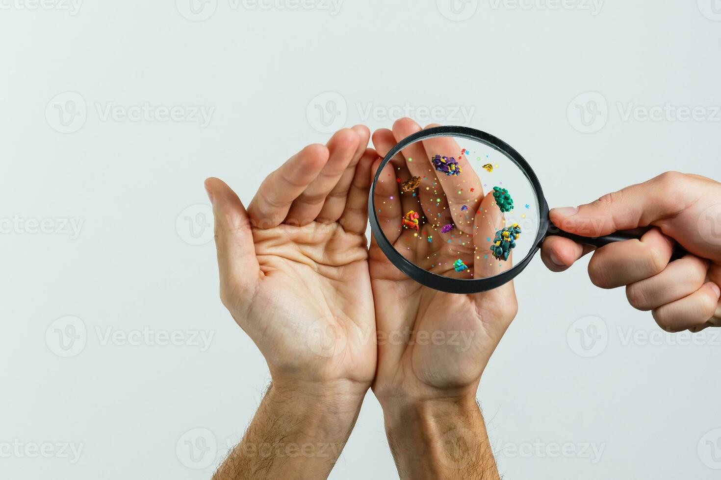 Hygiene concept. Man is showing dirty hands with many viruses and germs. photo