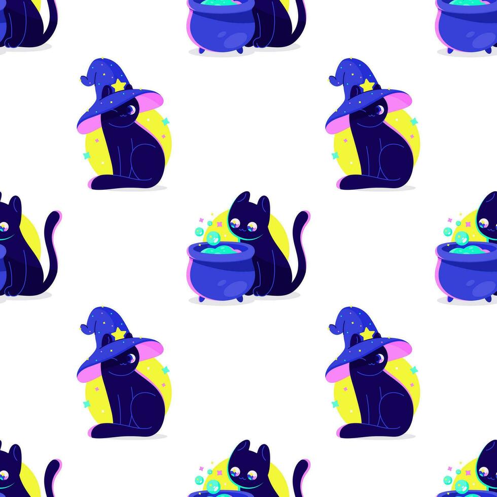 Cute funny kittens, familiars of the witch wizard. Halloween decorations. Neon bright colors. Cool dark cartoon seamless vector pattern background for textile, fabric, wallpaper, wrapping.