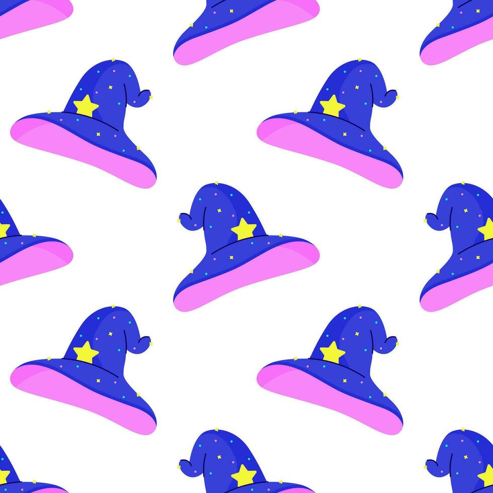 Cartoon magic witch hat stargazer wizard magician. Halloween decorations. Neon bright colors. Cool dark cartoon seamless vector pattern background for textile, fabric, wallpaper, wrapping.