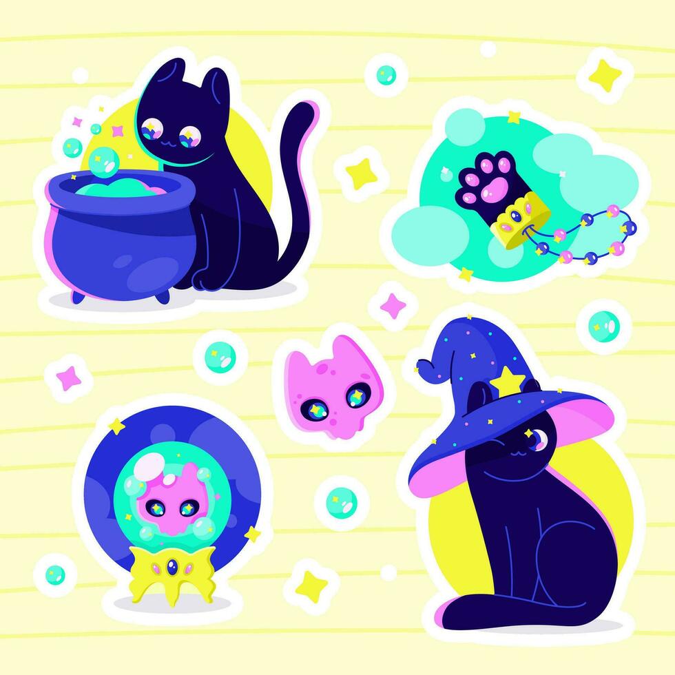 linda gracioso gatitos, familiares. dibujos animados magia bruja sombrero astrónomo mago mago. Víspera de Todos los Santos pegatinas frio oscuro dibujos animados imprimible plano vector ilustración para textil, tela, fondo de pantalla, envase.