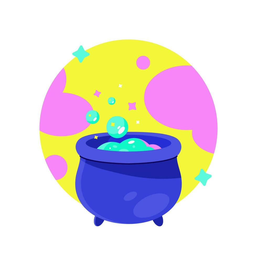 Magic cauldron with potion brewing in it. Halloween stickers. Neon bright colors. Cool dark cartoon printable flat vector illustration for textile, fabric, wallpaper, wrapping.