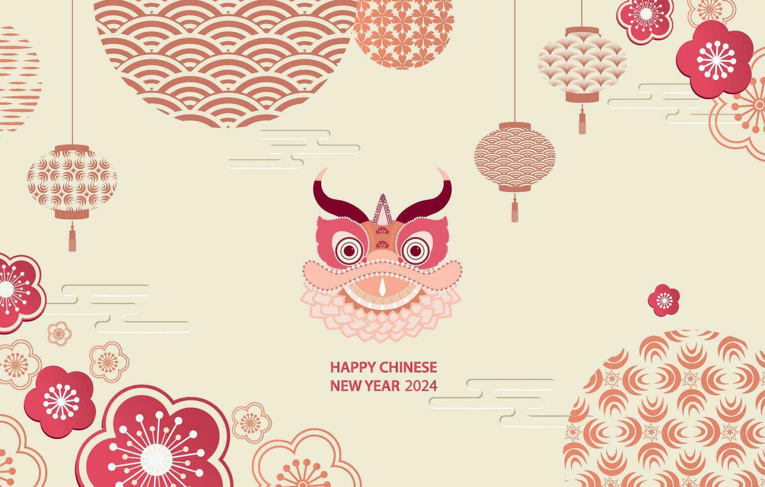 Happy New Year 2024. Horizontal banner with Chinese New Year elements. Chinese lanterns with patterns in a modern style, geometric decorative patterns Vector illustration