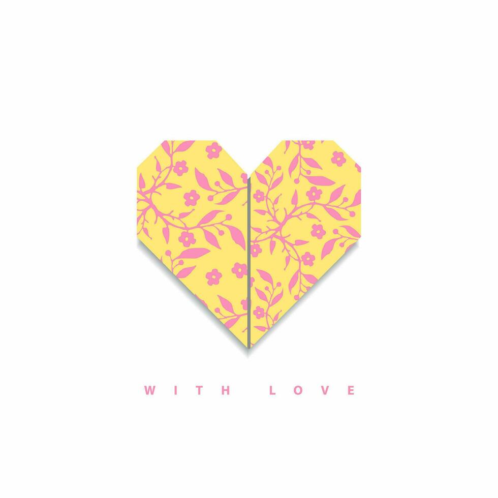 Yellow background origami paper heart, pink flowers, greeting card with copy space, paper craft, scrapbook vector