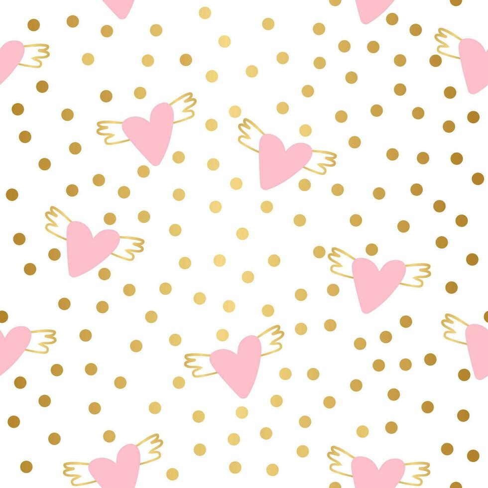 Flying pink hearts with golden wings. Golden dots. Cute seamless pattern vector