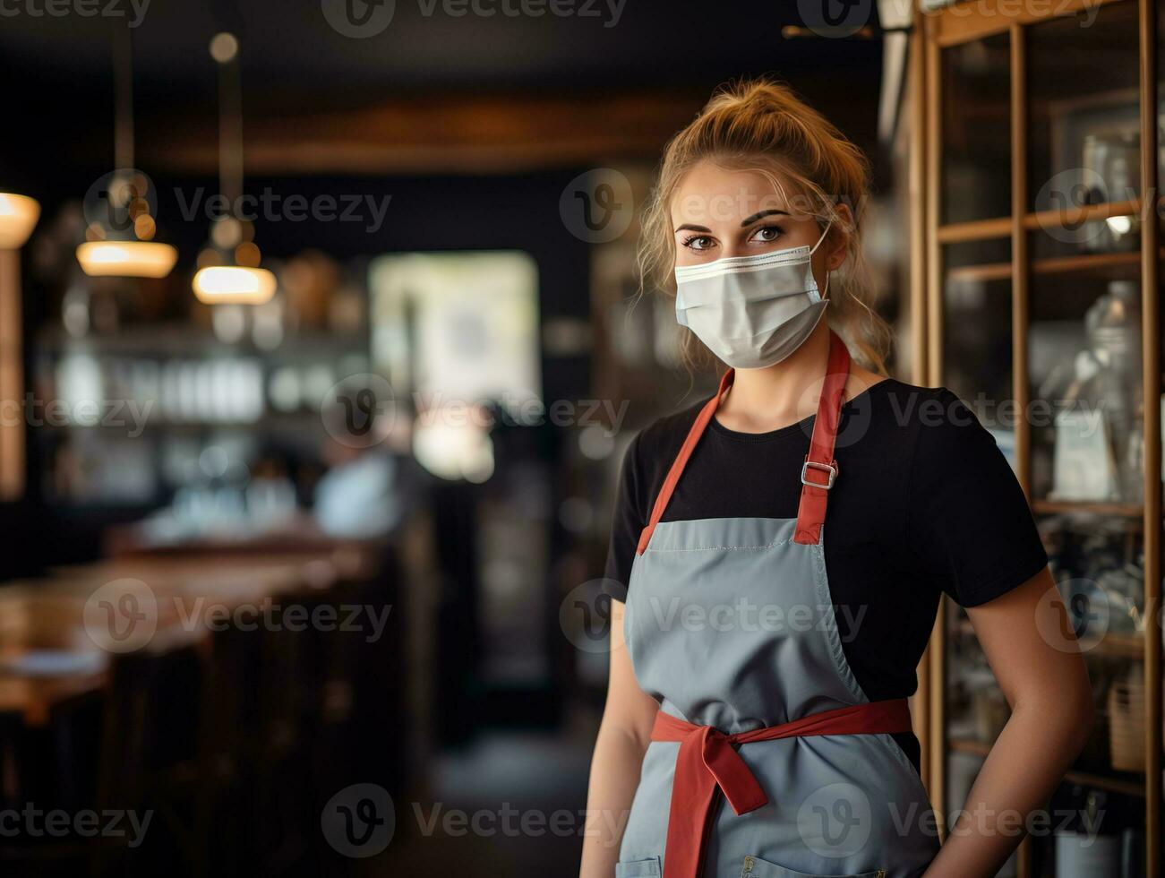 AI generated Smiling woman wearing a face mask, standing behind the counter of her coffee shop. There are a few customers sitting at the tables, chatting and enjoying their coffee. photo