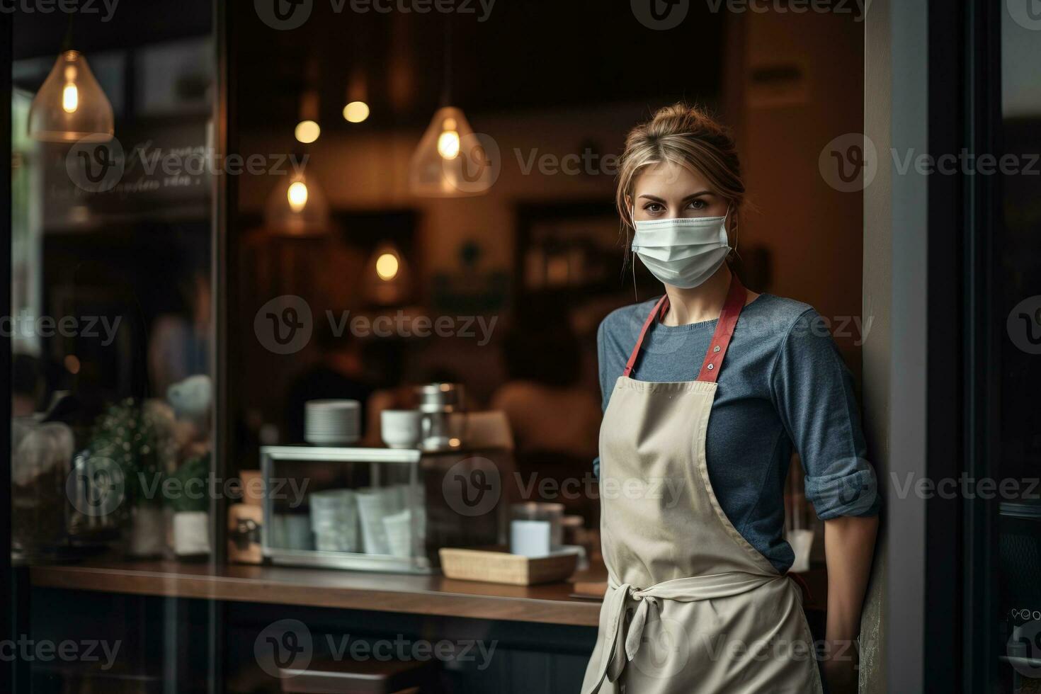 AI generated Smiling woman wearing a face mask, standing behind the counter of her coffee shop. There are a few customers sitting at the tables, chatting and enjoying their coffee. photo