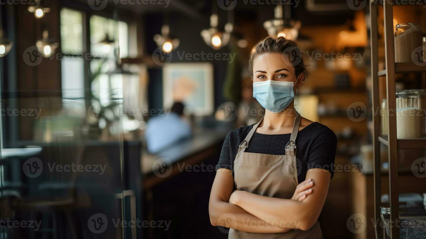 AI generated Smiling woman wearing a face mask, standing behind the counter of her coffee shop. There are a few customers sitting at the tables, chatting and enjoying their coffee. photo