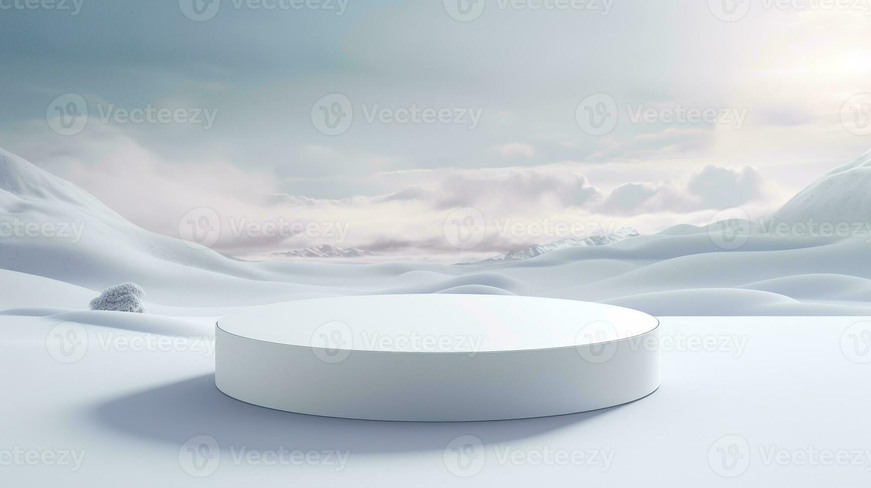 AI generated Round snow podium in the middle of a snowy landscape. The podium is surrounded by tall, green trees covered in a thick layer of snow. Generative AI photo