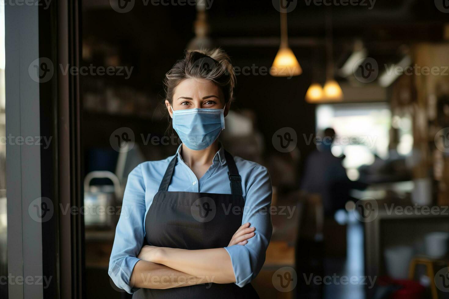 AI generated Smiling woman wearing a face mask, standing behind the counter of her coffee shop. There are a few customers sitting at the tables, chatting and enjoying their coffee. photo