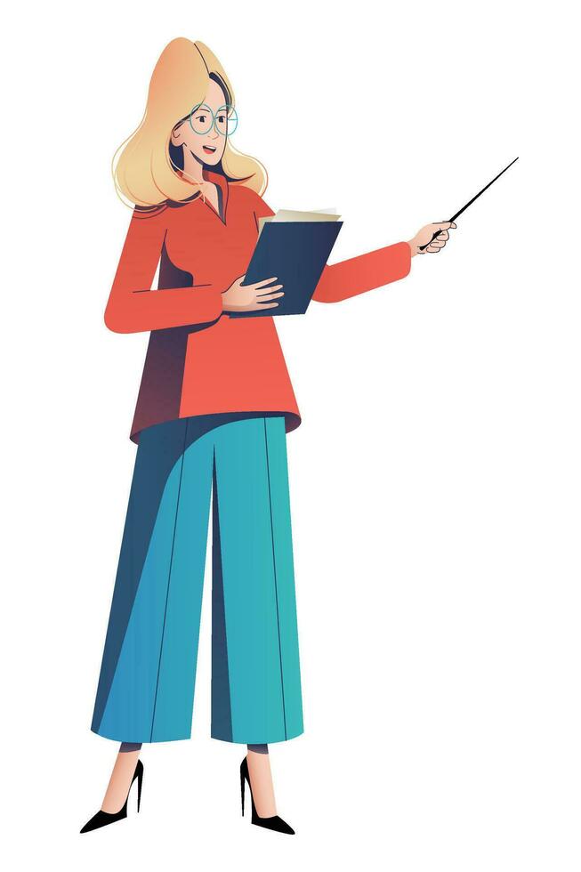 Elegant speaker woman giving presentation or lecture. Stylish businesswoman or teacher pointing at smth with a pointer. Concept of presentation, or showing business report. Flat vector illustration.