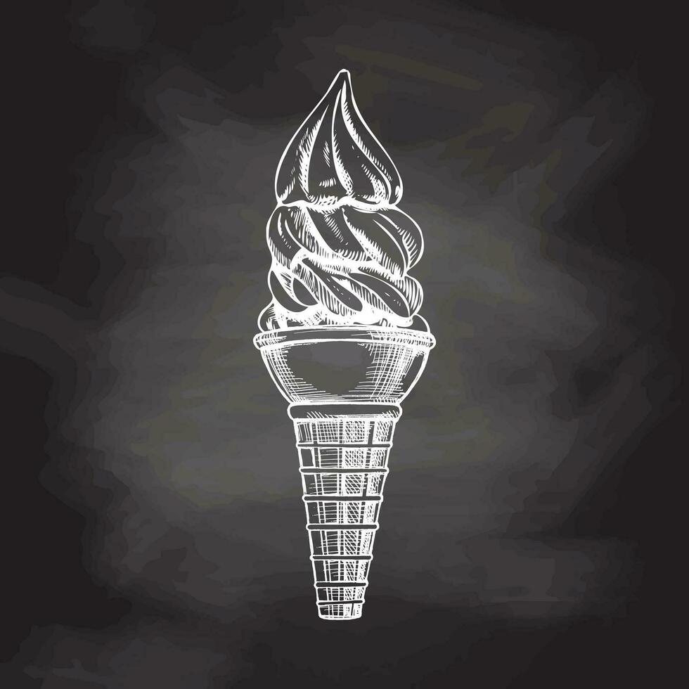 A hand-drawn sketch of a waffle cone with multi - layered frozen yogurt or soft ice cream on chalkboard background. Vintage illustration. Element for the design of labels, packaging. vector