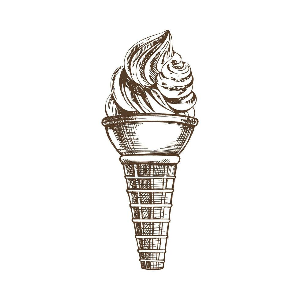 A hand-drawn sketch of a waffle cone with frozen yogurt or soft ice cream. Vintage illustration. Element for the design of labels, packaging and postcards. vector