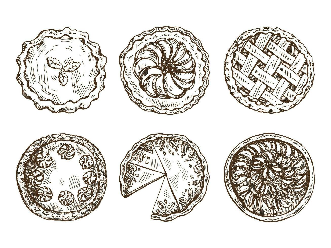 Hand-drawn vintage set of traditional cakes and pies sketch. Sweet bakery, fruit, berries, pumpkin. Top view. Vector collection of ink baking illustration. Food for Thanksgiving, Christmas.