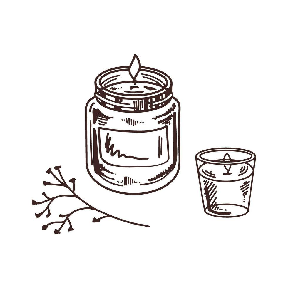 dibujado a mano garabatear cera velas en un vaso candelabros de tarro con un ramita. belleza cosmético elemento, yo cuidado. bosquejo estilo. vector