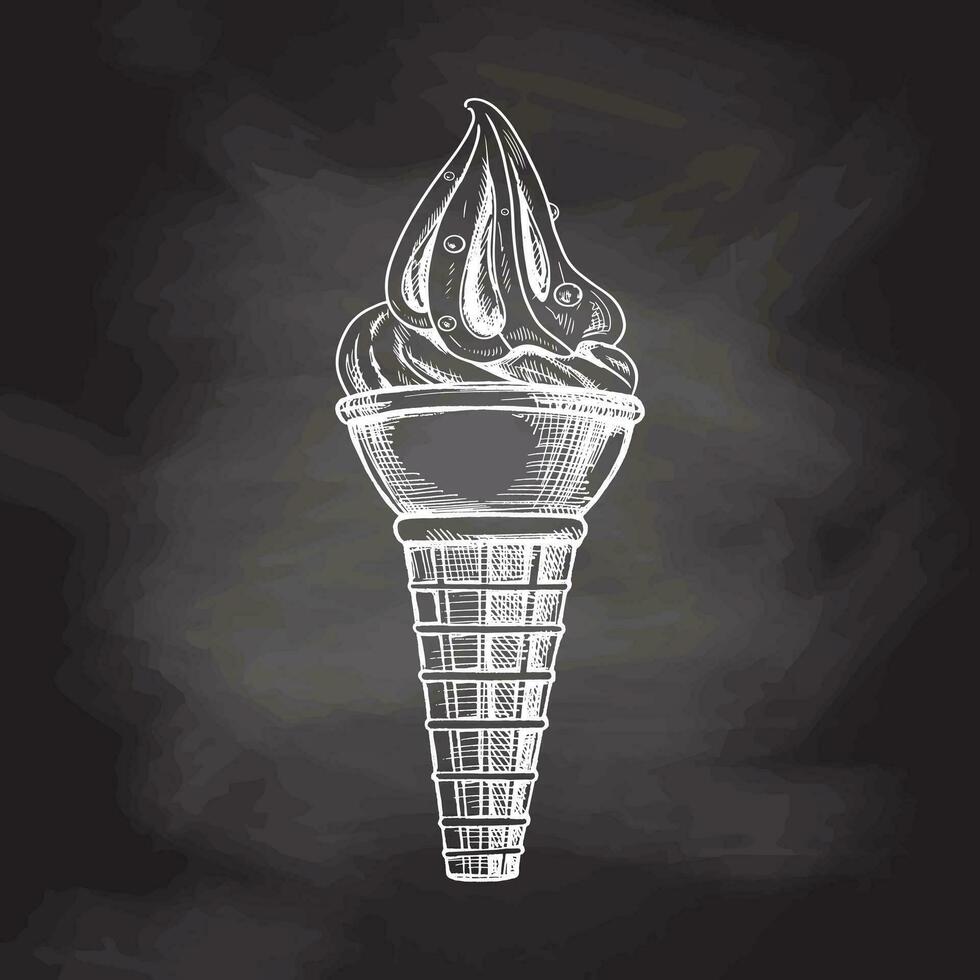 A hand-drawn sketch of a waffle cone with frozen yogurt or soft ice cream with pastry beads on chalkboard background. Vintage illustration. Element for the design of labels, packaging. vector