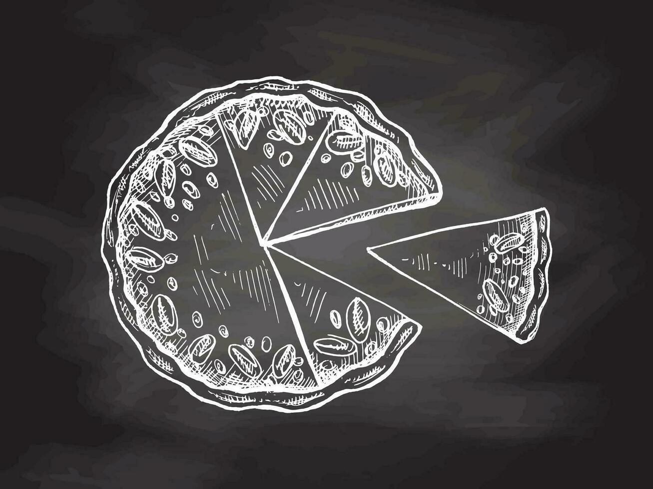 Hand-drawn whole and piece of traditional pumpkin pie with pecan nuts sketch on chalkboard background. Top view food for recipes, restaurant or cafe menu. Traditional food for Thanksgiving, Christmas. vector