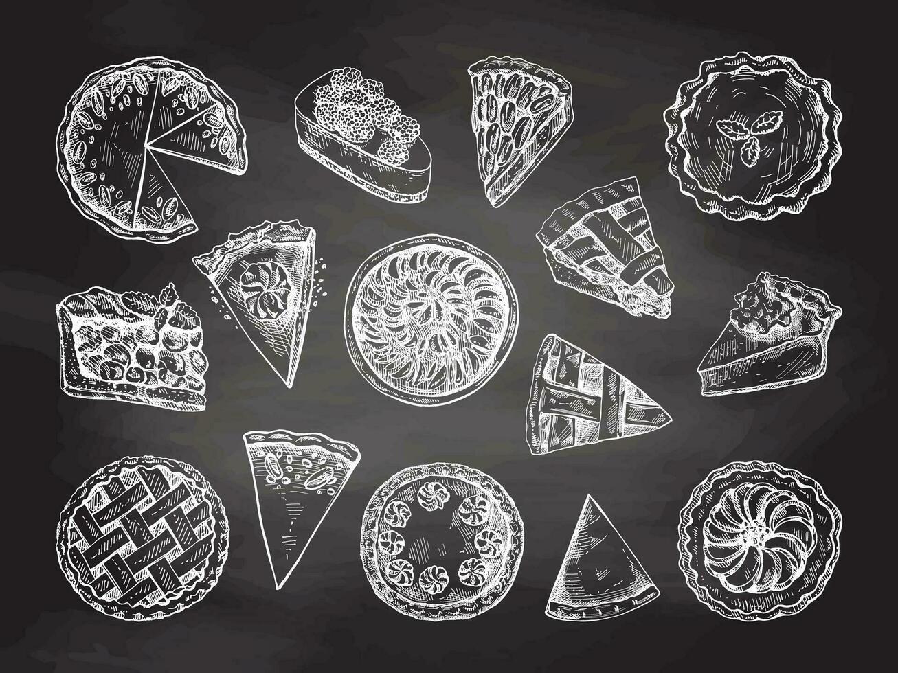 Hand-drawn vintage set of traditional cakes, tarts and pies sketch on chalkboard background. Top view. Vector collection of ink baking illustration. Food for Thanksgiving, Christmas.